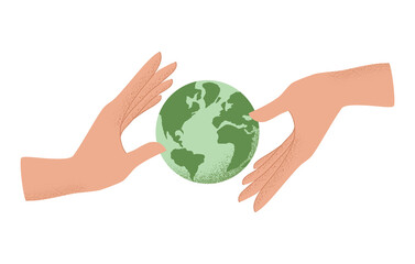 Vector illustration of human hands holding Earth globe, Concept of World Environment Day, Save the Earth, sustainability, ecological zero waste lifestyle, nature protection