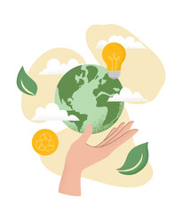 Vector illustration of human hand holding Earth globe, Recycle icon, light bulb, leaves and clouds. Concept of World Environment Day, Save the Earth, sustainability, ecological zero waste lifestyle