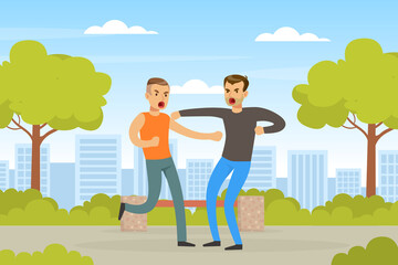 Two Angry Men Arguing and Fighting Outdoors, Human Relations, Quarrel or Conflict between Two People Vector Illustration