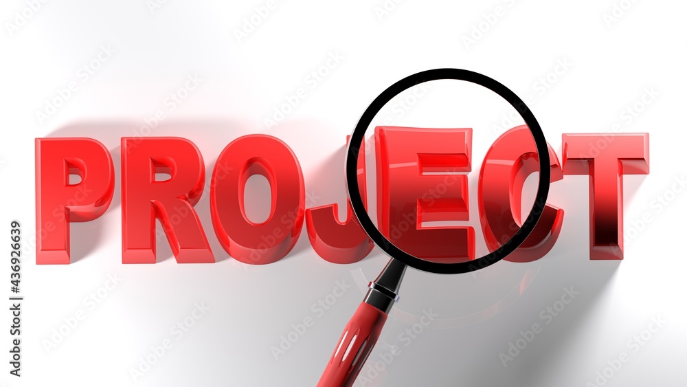 Aufkleber magnifier passing over the write project - 3d rendering illustration