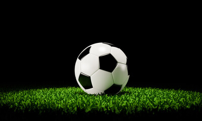 Soccer ball in the stadium on a black background. 3D rendering illustration.