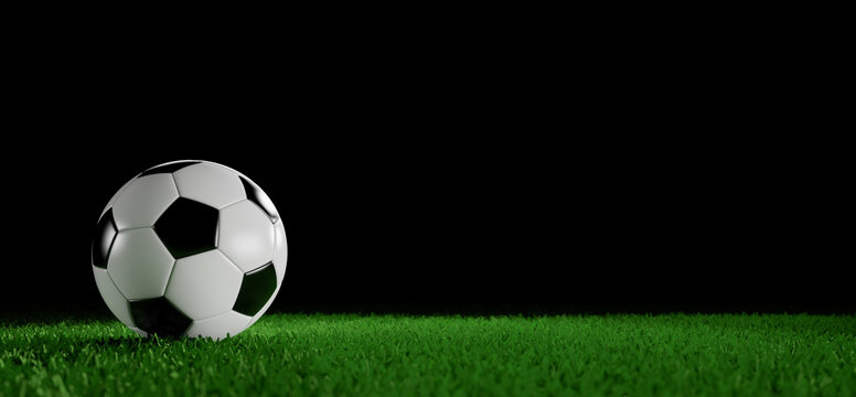 Soccer ball in the stadium on a black background. 3D rendering illustration.