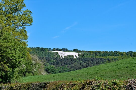 Distance view of the Kilburn White Horse, in Kilburn, North Yorkshire, in June, 2021.