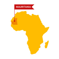 Mauritania on an Africa s map with word Mauritania on a flag-shaped marker.