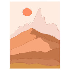 Fototapeta na wymiar Abstract landscape. Desert. Boho style. Minimalistic landscape. One line. Trendy print of nature, for pose, for decoration, background, for packaging, for web design.