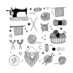 Hand drawn vector linear illustration - Set of knitting and crafts. Needlework, Yarn, pins, buttons, thread, needle bar, macrame, sewing. Perfect for your brand logo and branding. - 436928697