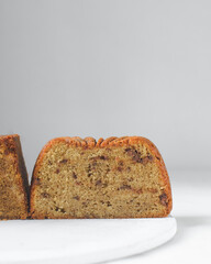 Cross section of a loaf cake, inside of a cut pound cake, cake with chocolate chunks