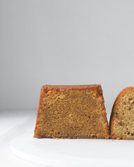 Cross section of a loaf cake, inside of a cut pound cake
