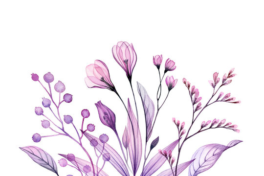 Watercolor floral composition. Hand painted artwork with transparent crocus flowers and branches. Abstract botanical illustration for cards, wedding design