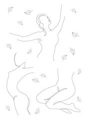 Group. Silhouettes of a figure of a girl and a leaf of a plant in a modern one line style. Continuous line drawing, aesthetic outline for home decor, posters, stickers, logo. Vector illustration set.