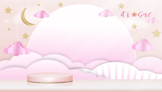 Vector for baby boy shower card on pink background,Cute Paper art abstract origami cloudscape, crescent moon and stars on pink sky and 3D podium,Paper cut with copy space for baby's photos