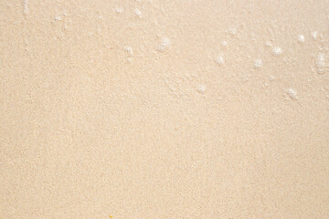 Wet white sand with drops and bubbles of sea foam. Texture, pattern. Sea travel.