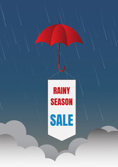 Red umbrella with rainy season sale sign floating above the clouds And the falling rain