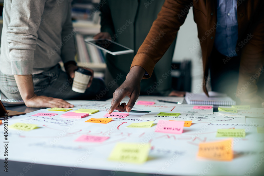 Wall mural Close-up of business team brainstorming while working on mind map in the office.