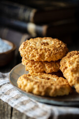 Sweet coconut cookies. Tasty biscuits with coconut flavor.
