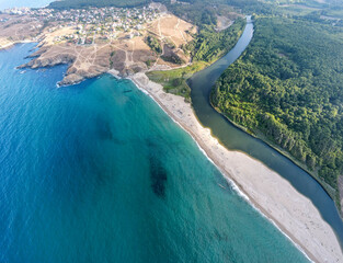 Aerial panorama of beach at the mouth of the Veleka River, Bulgaria