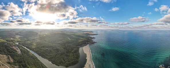 Aerial panorama of beach at the mouth of the Veleka River, Bulgaria