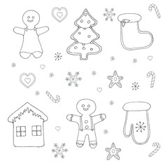 Christmas set with lollipop and gingerbread and snowflakes. Vector illustration in doodle style.