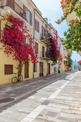 Scenic view of cobbled street, facades of shops and a full blooming bougainvillea in the  old town of Nafplio Argolis Greece.