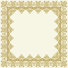 Classic square frame with arabesques and orient golden elements. Abstract ornament with place for text. Vintage pattern