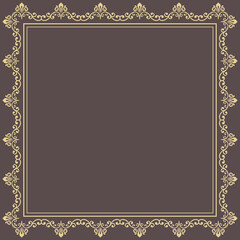 Classic square frame with golden arabesques and orient elements. Abstract ornament with place for text. Vintage pattern