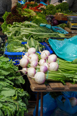 Fresh organic turnip vegetables on a veggie market