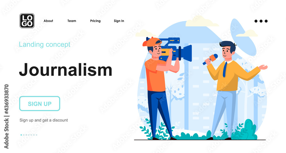 Aufkleber journalism web concept. reporter records report on camera, tv news program, press and mass media. te