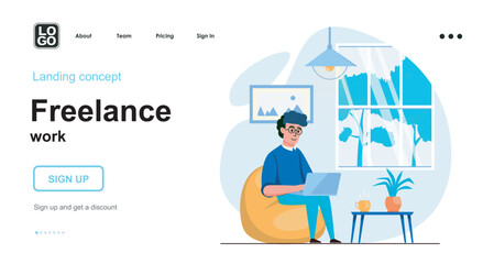 Freelance work web concept. Man working on laptop from home office, freelancer or remote worker. Template of people scenes. Vector illustration with character activities in flat design for website