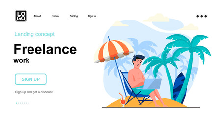 Obraz na płótnie Canvas Freelance work web concept. Man working on laptop from sea resort, freelancer relaxing at beach. Template of people scenes. Vector illustration with character activities in flat design for website
