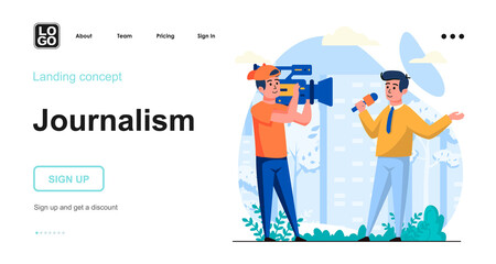 Journalism web concept. Reporter records report on camera, TV news program, press and mass media. Template of people scenes. Vector illustration with character activities in flat design for website