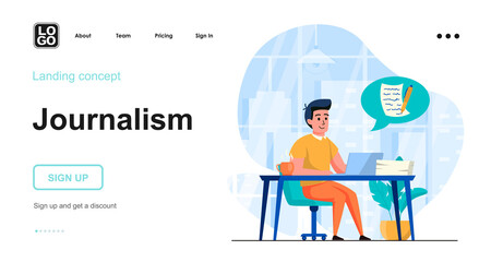 Journalism web concept. Journalist writes article, copywriter prepares text for publication in blog. Template of people scenes. Vector illustration with character activities in flat design for website