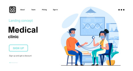 Medical clinic web concept. Nurse measures blood pressure to patient, diagnostics, health checkup. Template of people scenes. Vector illustration with character activities in flat design for website