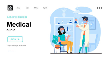 Medical clinic web concept. Doctor doing medical tests in laboratory, diagnostics, health checkup. Template of people scenes. Vector illustration with character activities in flat design for website