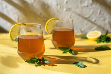 Raw fermented homemade alcoholic or non alcogolic kombucha superfood. Ice tea with healthy natural...