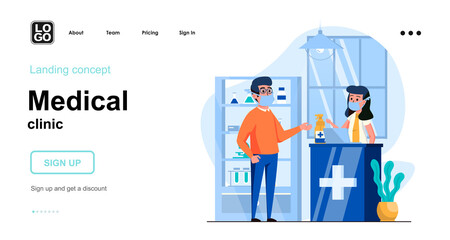 Medical clinic web concept. Patient buying medicines in pharmacy, pharmacist consulting buyer. Template of people scenes. Vector illustration with character activities in flat design for website
