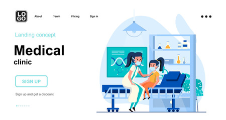 Medical clinic web concept. Pediatrician examines child, listens via stethoscope, health checkup. Template of people scenes. Vector illustration with character activities in flat design for website