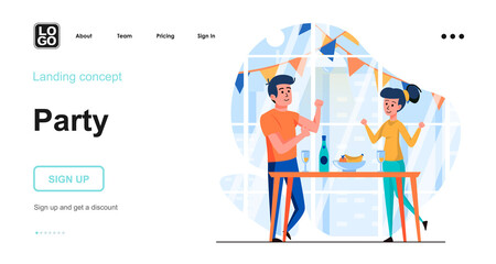 Party web concept. Couple celebrating holiday together, dancing and drinking in festive event. Template of people scenes. Vector illustration with character activities in flat design for website