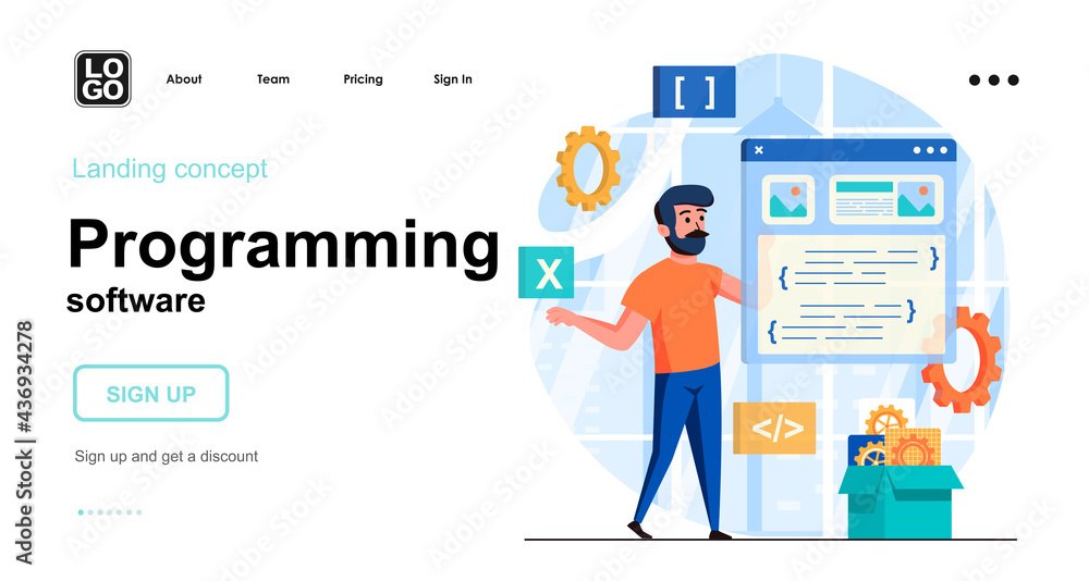 Aufkleber Programming software web concept. Developer creates interface of application, program or website. Template of people scenes. Vector illustration with character activities in flat design for website