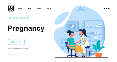 Pregnancy web concept. Pregnant woman visited doctor, checkup her health in medical clinic. Template of people scenes. Vector illustration with character activities in flat design for website
