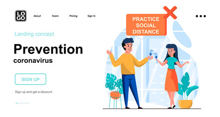 Prevention coronavirus web concept. Couple must practicing social distance at festive events. Template of people scenes. Vector illustration with character activities in flat design for website