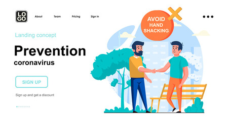 Prevention coronavirus web concept. Men must avoid hand shaking and practicing social distance. Template of people scenes. Vector illustration with character activities in flat design for website