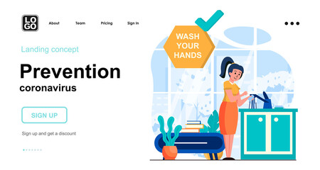 Prevention coronavirus web concept. Woman washing her hands with soap, simple hygiene procedures. Template of people scenes. Vector illustration with character activities in flat design for website