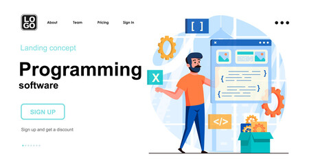 Programming software web concept. Developer creates interface of application, program or website. Template of people scenes. Vector illustration with character activities in flat design for website