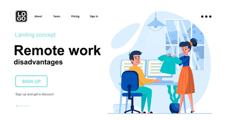 Remote work disadvantages web concept. Man works at home and is distracted by wife choosing dress. Template of people scenes. Vector illustration with character activities in flat design for website