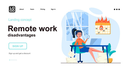 Fototapeta na wymiar Remote work disadvantages web concept. Woman procrastinates in smartphone and fails work deadline. Template of people scenes. Vector illustration with character activities in flat design for website