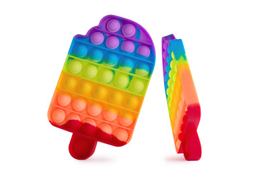 Pop it trendy kids fidget toy isolated on a white. Rainbow colored silicone sensory toy. Antistress gadget.