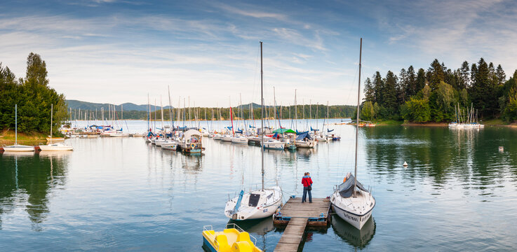 Solińskie Lake seen from the viewpoint in Polańczyk. Polanczyk, Solina, Bieszczady Mountains.