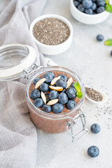 Chocolate chia pudding with blueberry, almonds and mint on top in a glass jar on a gray concrete background. Healthy food. Copy space.