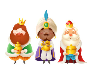Cute Three Wise men with gifts celebrate Epiphany - Three kings Gaspar, Melchior and Balthazar vector illustration isolated on white