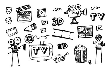 Vector set of vintage movies. doodle-style isolated elements of cinema and TV, camera, popcorn, 3d glasses, screen, tickets, TV, movie tape with a black line on a white background for the design templ